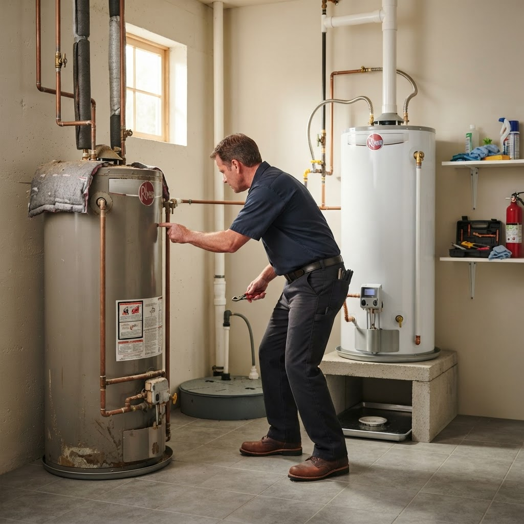Older and newer water heaters compared in a utility room