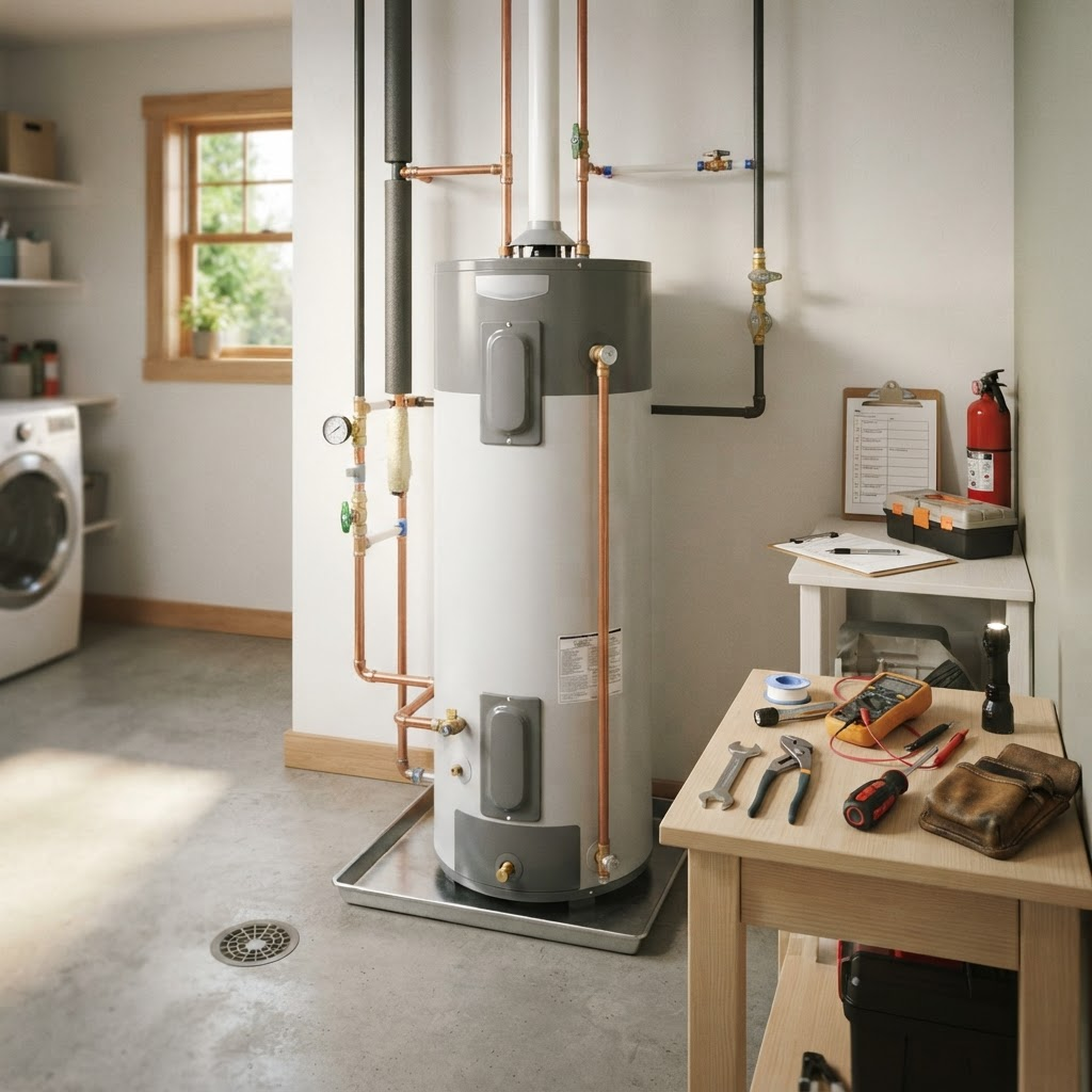 Residential tank water heater ready for inspection
